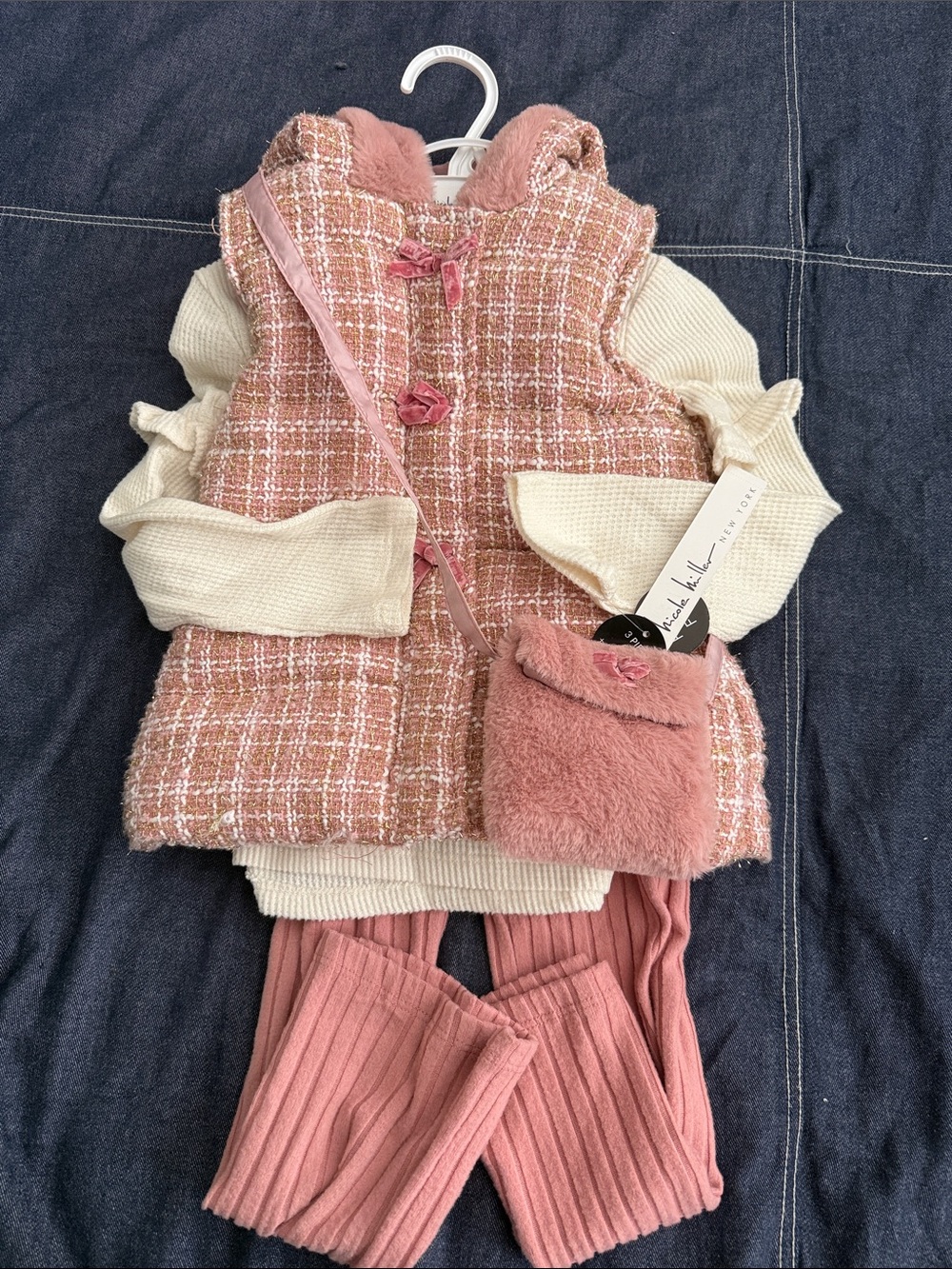 Nicole Miller Little Girl 3pc Pink Tweed Faux Fur Outfit